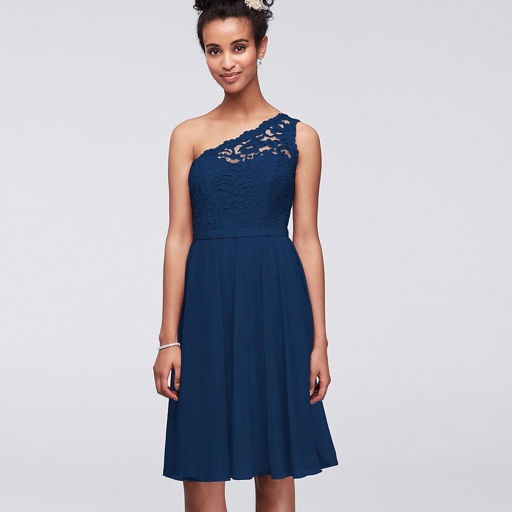 Navy Blue One Shoulder, Short Bridesmaid’s Dress
